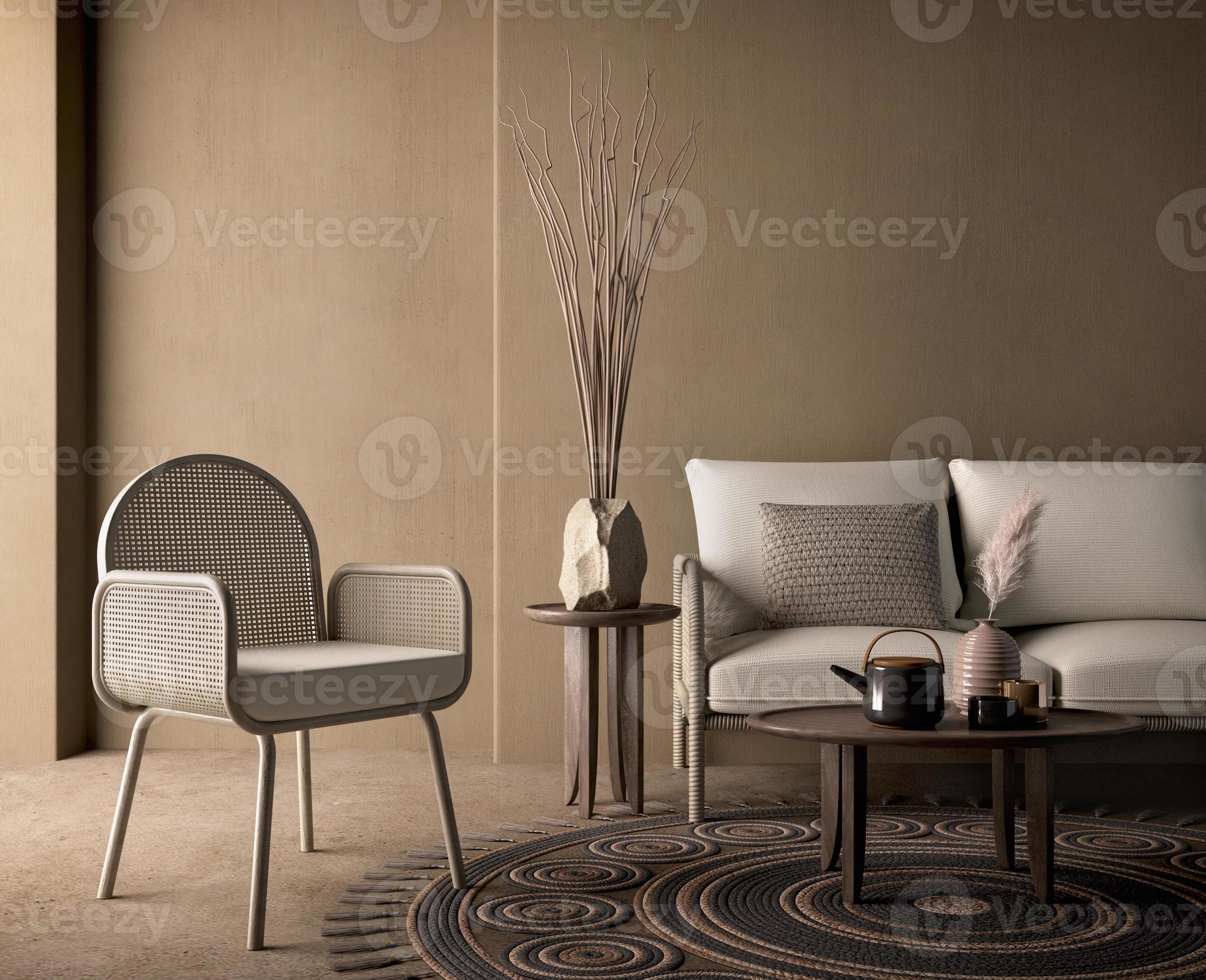 Boho style brown living room with wicker chair,sofa,table and vaset on