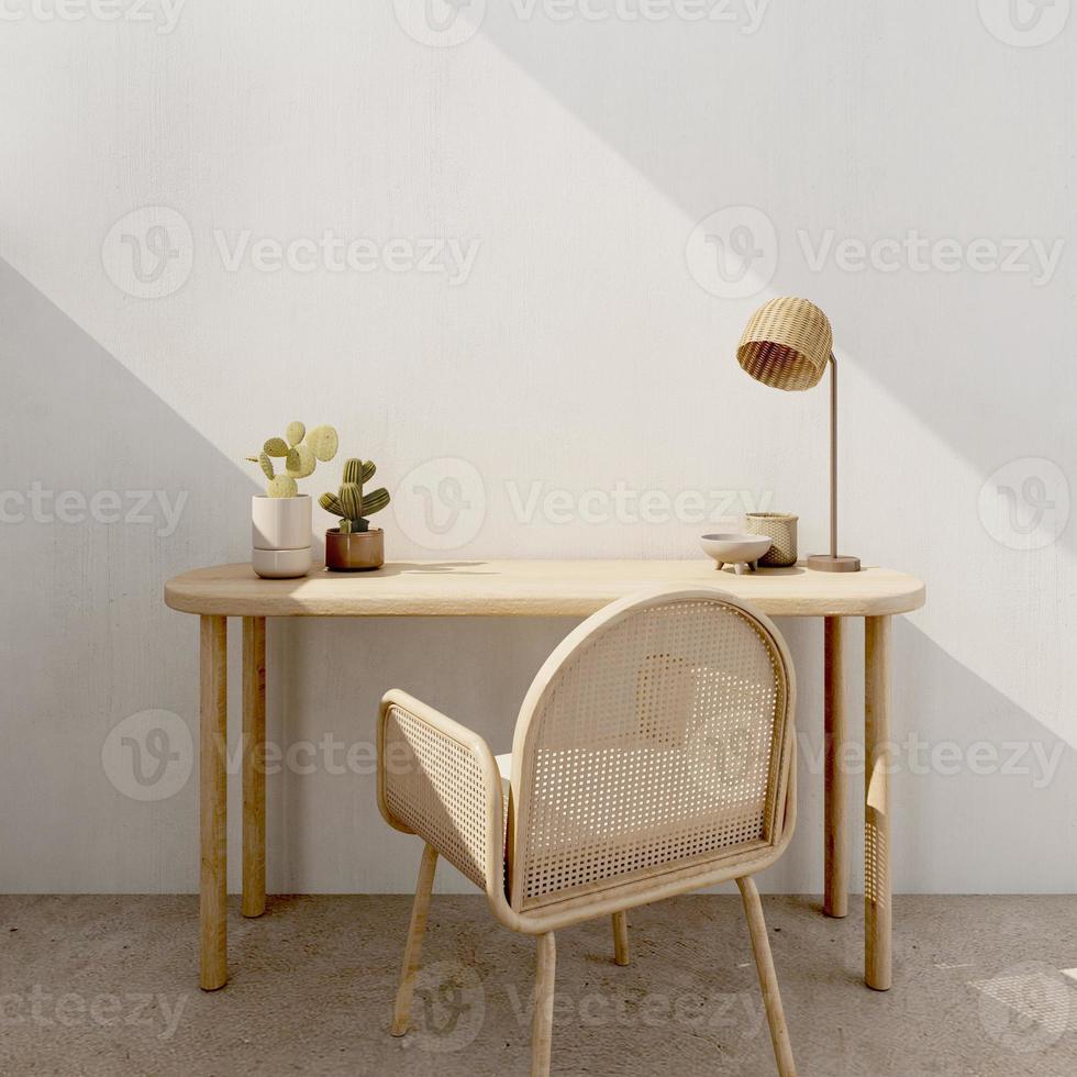 Working table mockup with wooden chair,table lamp and cactus in white room.3d rendering photo