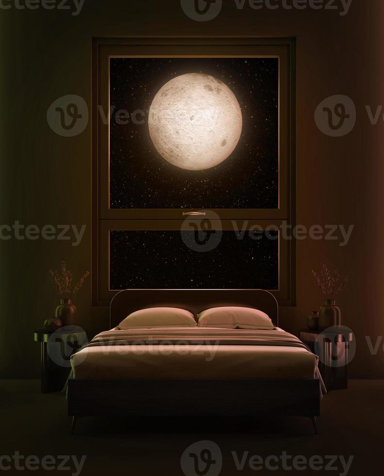 Bedroom with moonlight drop through the window.3d rendering photo