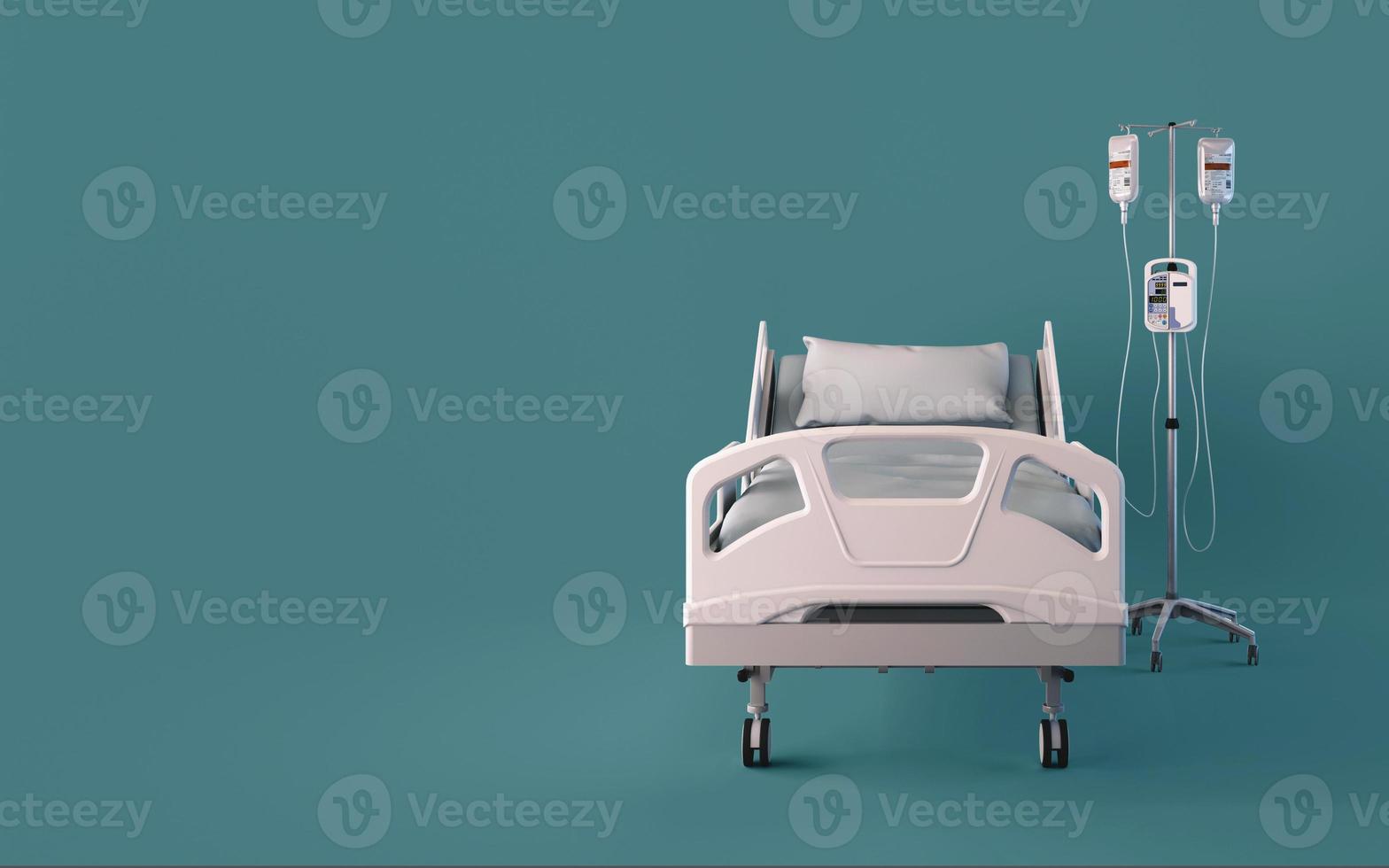Front view of hospital bed isolated on blue background.Concept for insurance.3d rendering photo