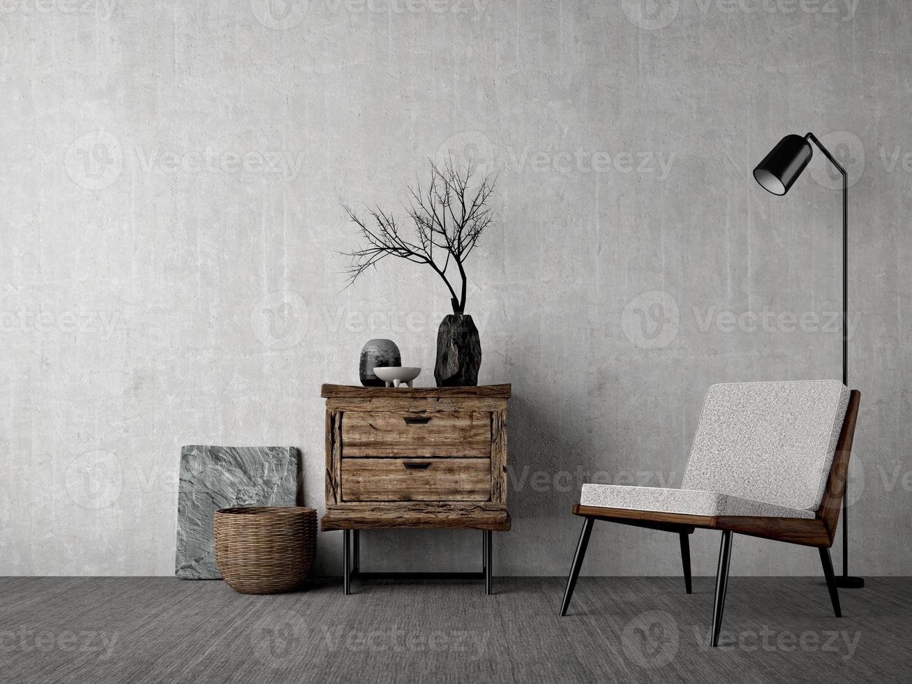 Wabi-sabi style interior mockup with chair,table,vase and floor lamp on grunge wall background.3d rendering photo