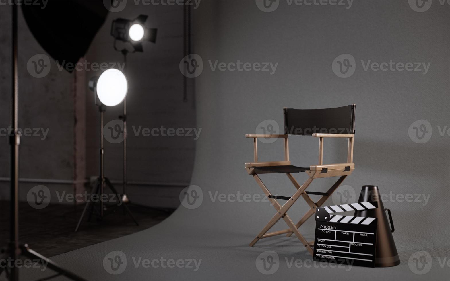 Director chair,Movie clapper in studio.Concept for film industry.3d rendering photo