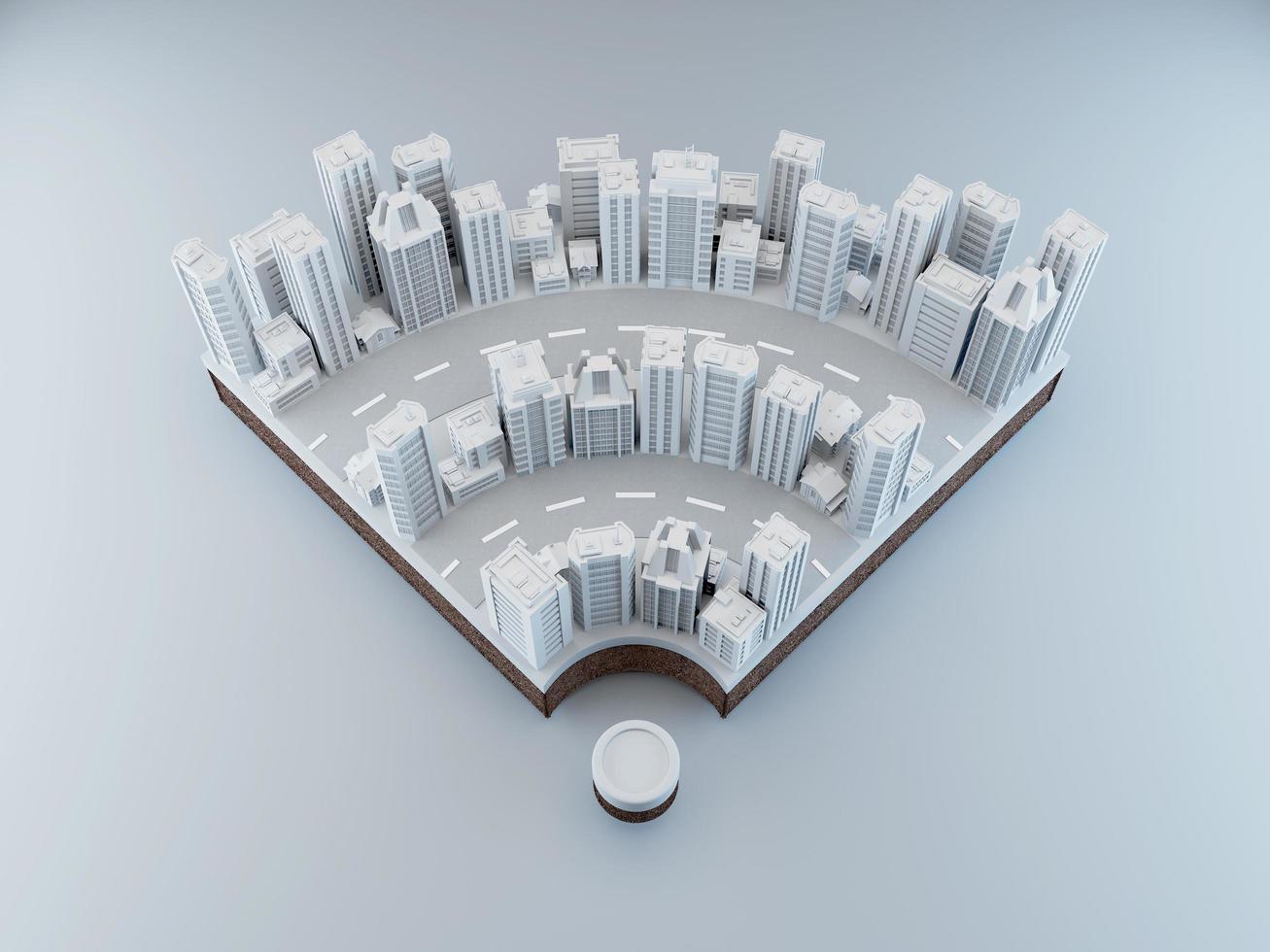 símbolos wifi con elementos de la ciudad.concepto para redes wifi urbanas.representación 3d foto