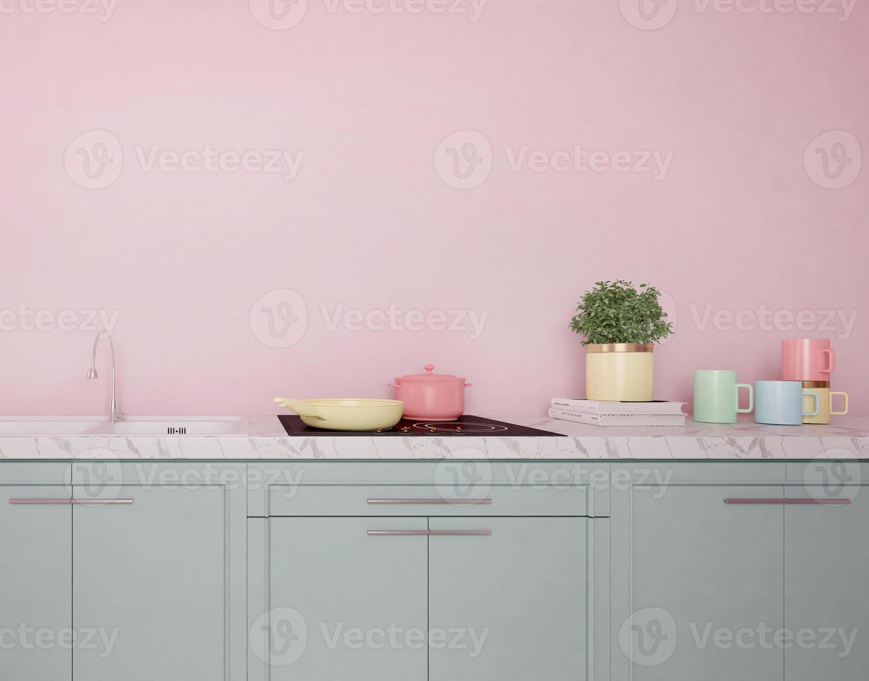 Modern kitchen interior with pastel color,marble countertops with sink and pastel tea cup. 3d rendering mock up photo