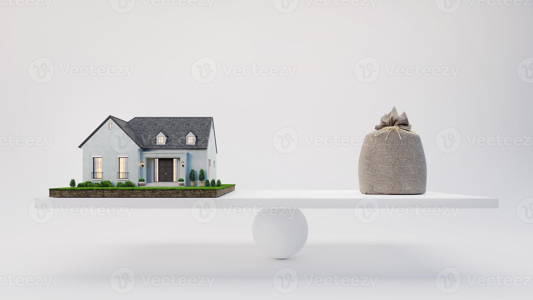 House and bag on scale.White background.Buying a house.Sale and purchase concept for real estate or property investment advertising.3d rendering photo