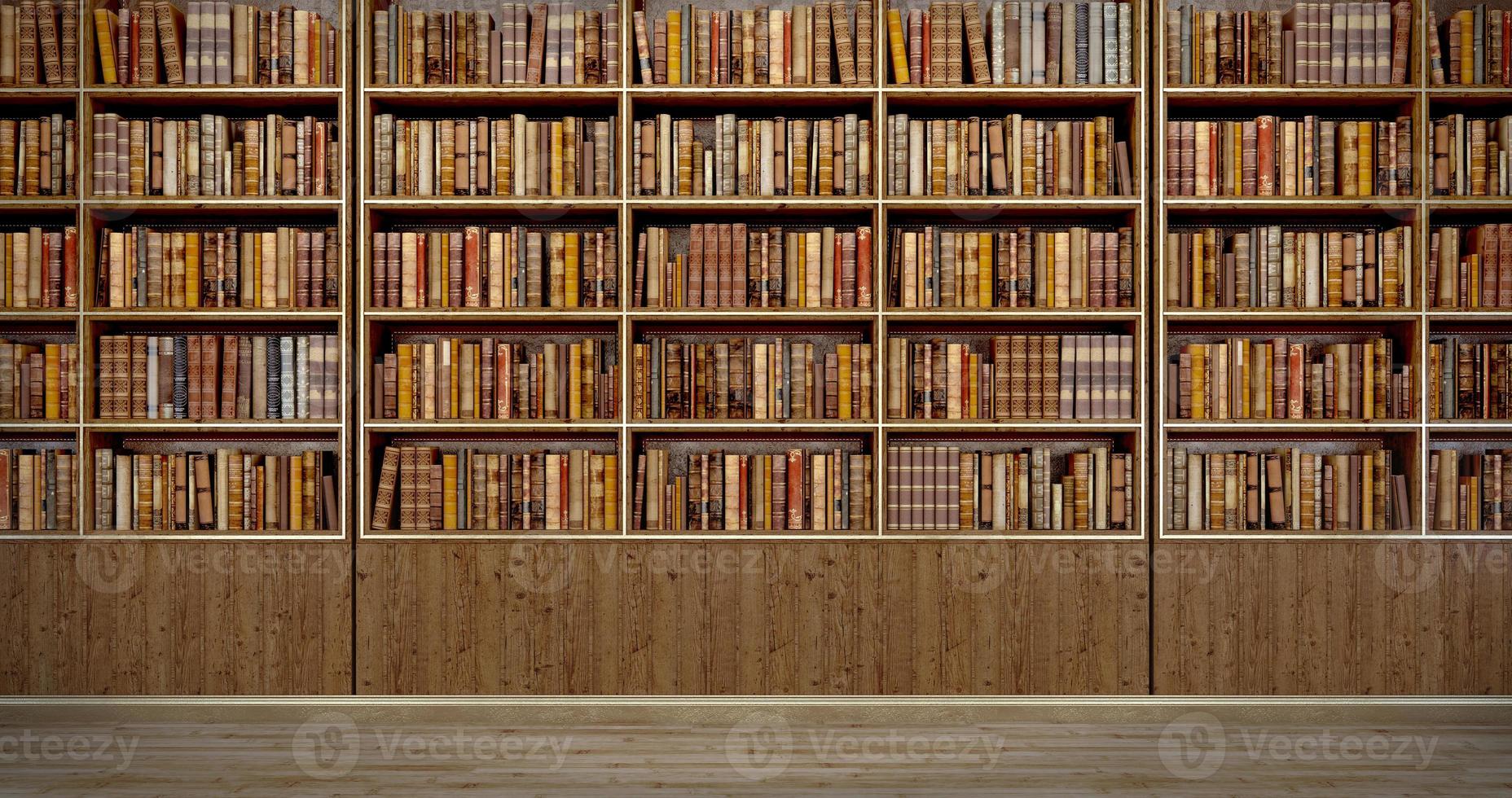 Panorama old books on wooden shelf in book shop or library.3d rendering photo