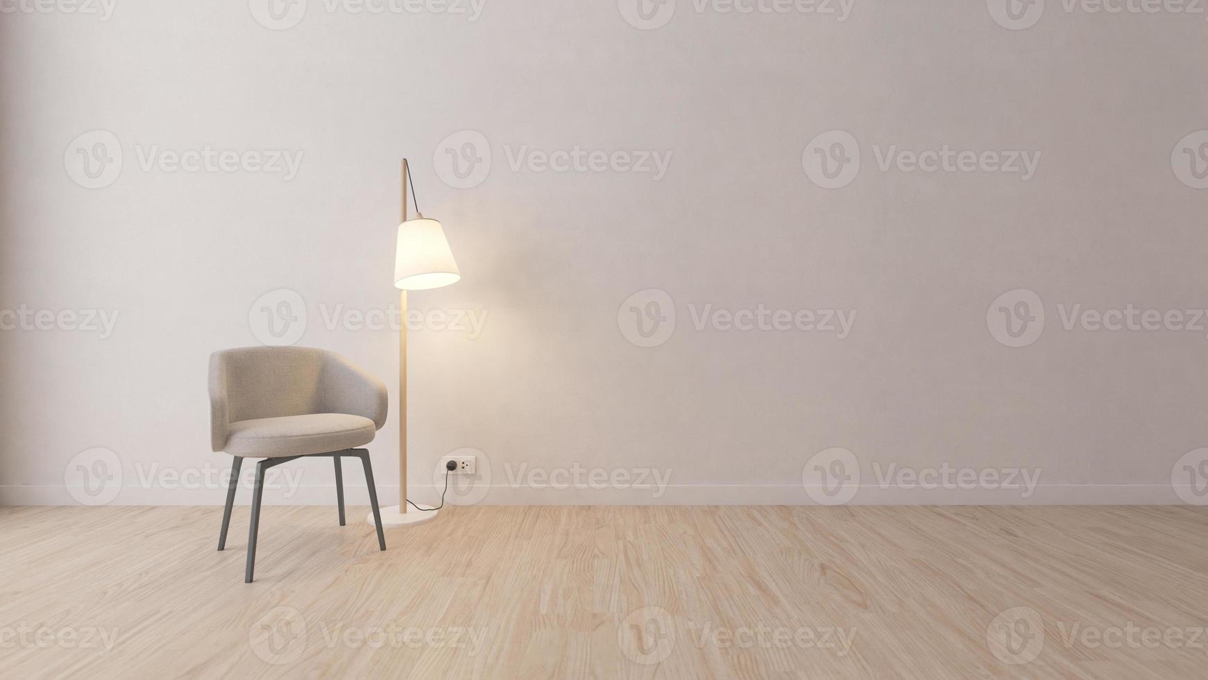 Modern grey chair in white room interior parquet wood floor with lamp on empty white wall background,3D rendering photo