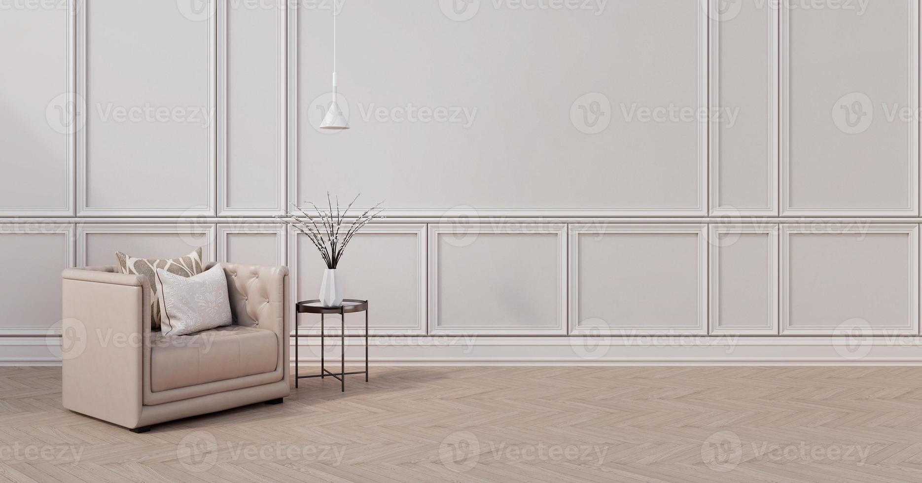 Modern classic interior.Armchair,pillows,side table with vase and ceiling lamp.White wall and wooden floor. 3d rendering photo