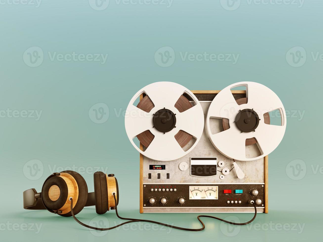 Retro old tape recorder and headphones on green background.Vintage old style.3d rendering photo