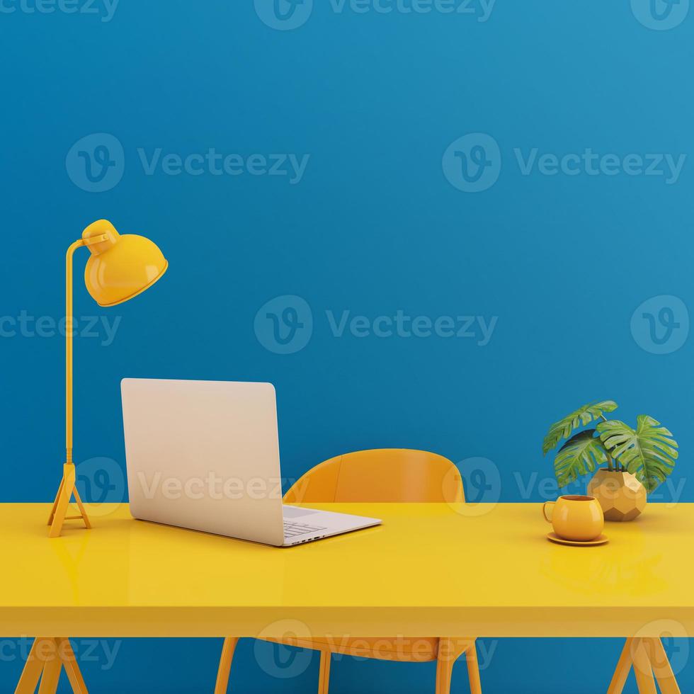 Table with laptop mock up.Yellow chair,lamp,table on blue background.Working space concept3d rendering photo