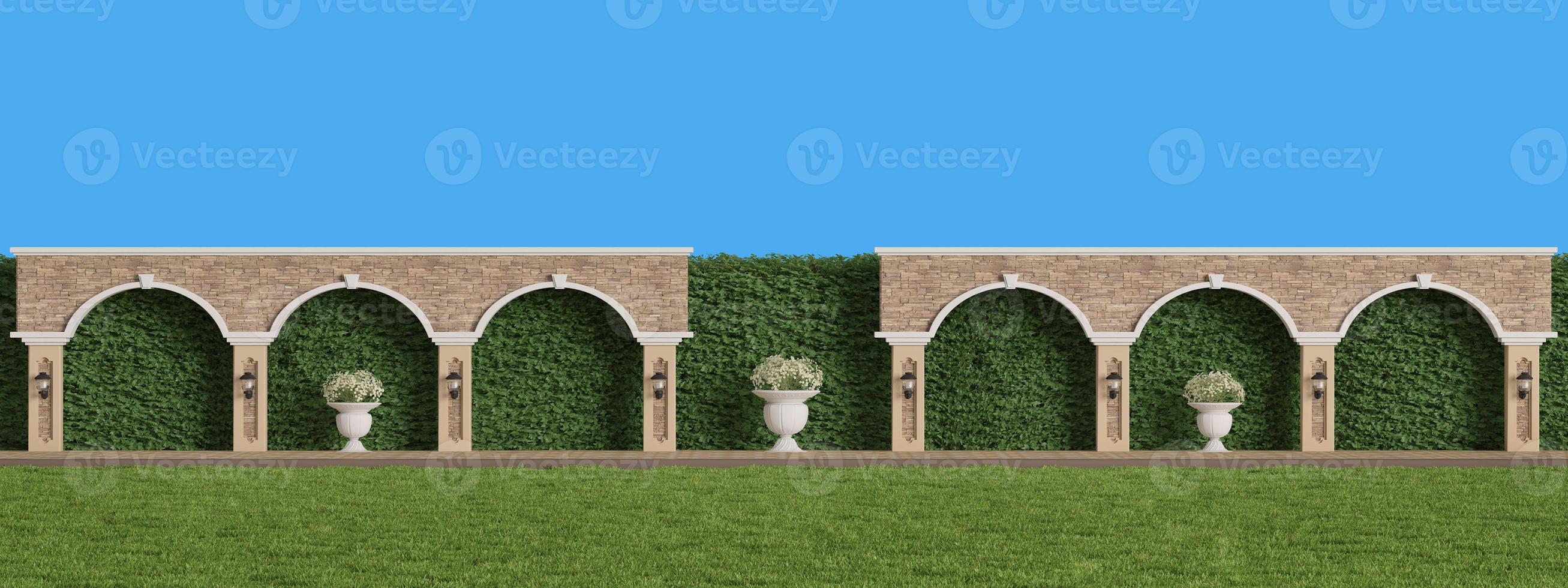 Fence with hedge and lawn grass.Classic style.3d rendering photo