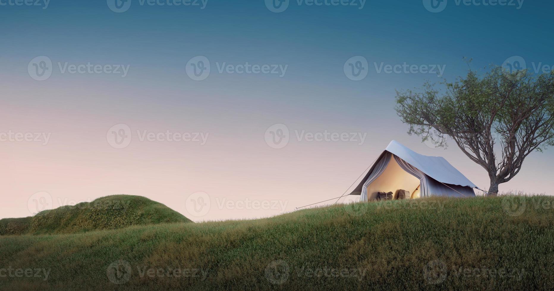Camping.Evening scence.Tent under the big tree on a meadow,hill,mountains.3d rendering photo