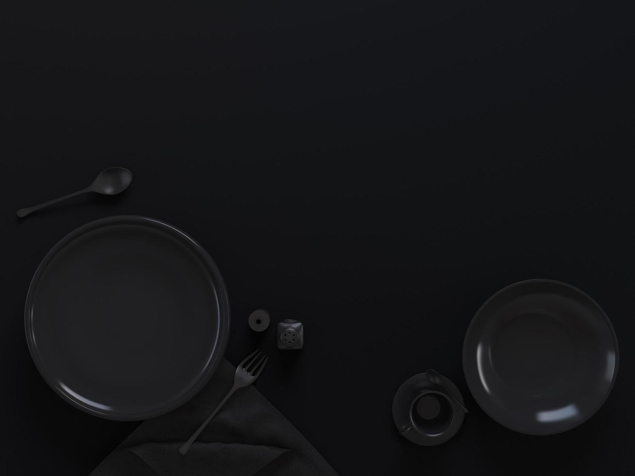 Top view of empty dish with spoon and folk in black color.Design for food and dessert concept.3d rendering photo