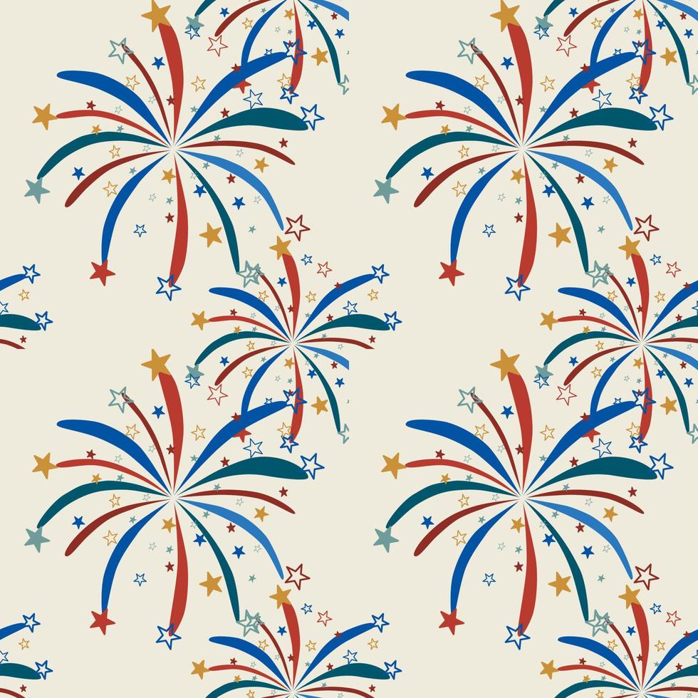 Seamless pattern. Colorful fireworks, blue, red and white. Fat vector repeating texture image.