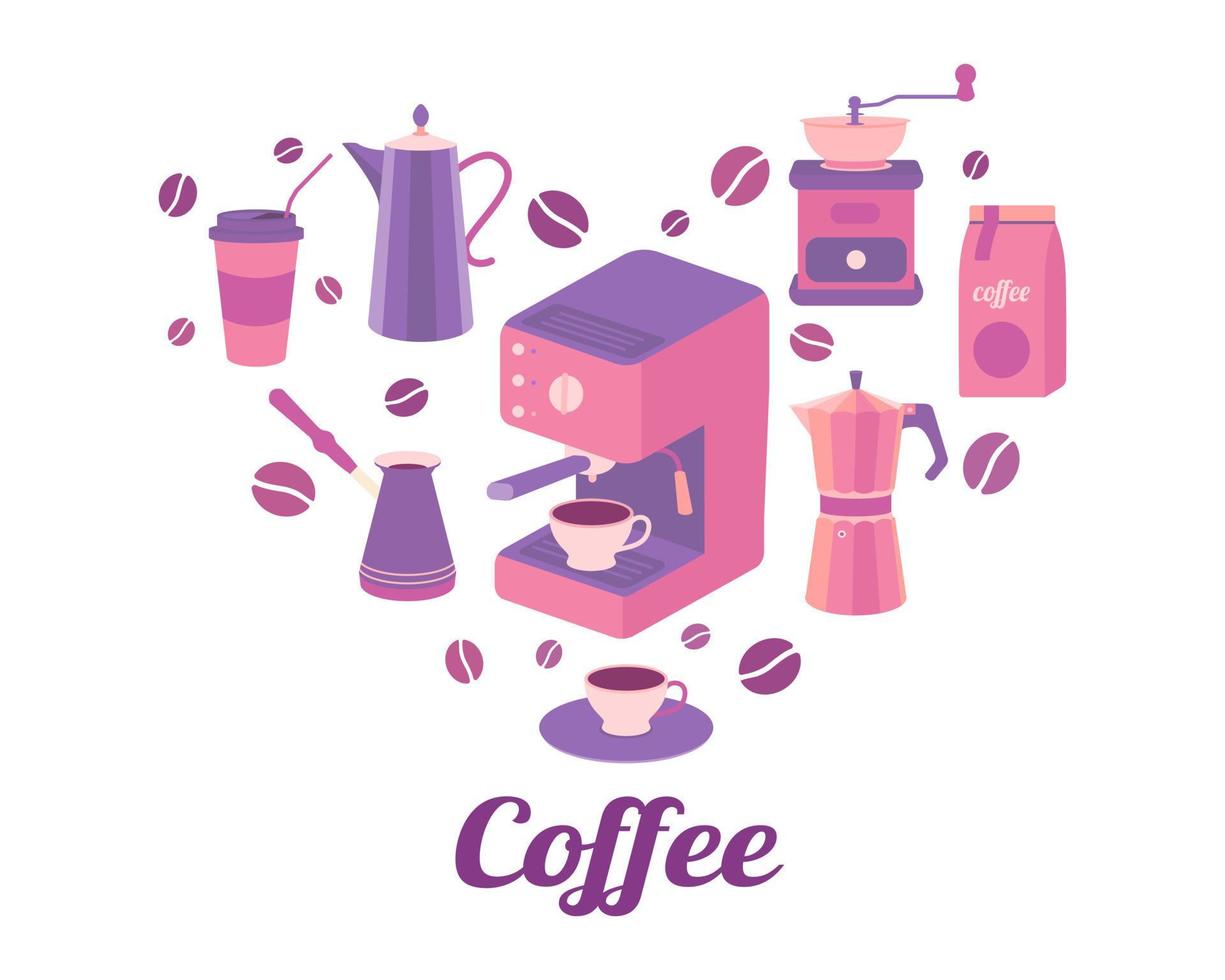 Coffee set in the shape of a heart. Coffee grinder, geyser coffee maker, coffee pot, grains and cups. Vector image on white background