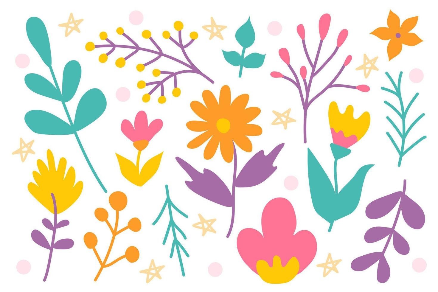 Cute set of plants and flowers on white background, hand drawn in doodle style. Vector flower decor for invitations, postcards, stickers