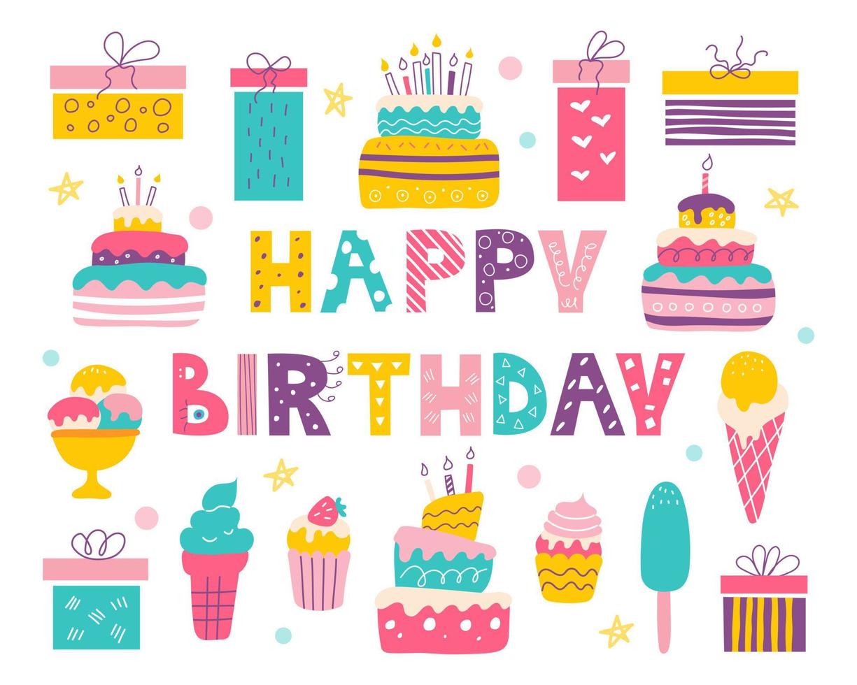 cumpleaños brillante ambientado con una inscripción al estilo garabato. tortas, cupcakes, regalos y helados. diseño para postales, papel de regalo, tela vector