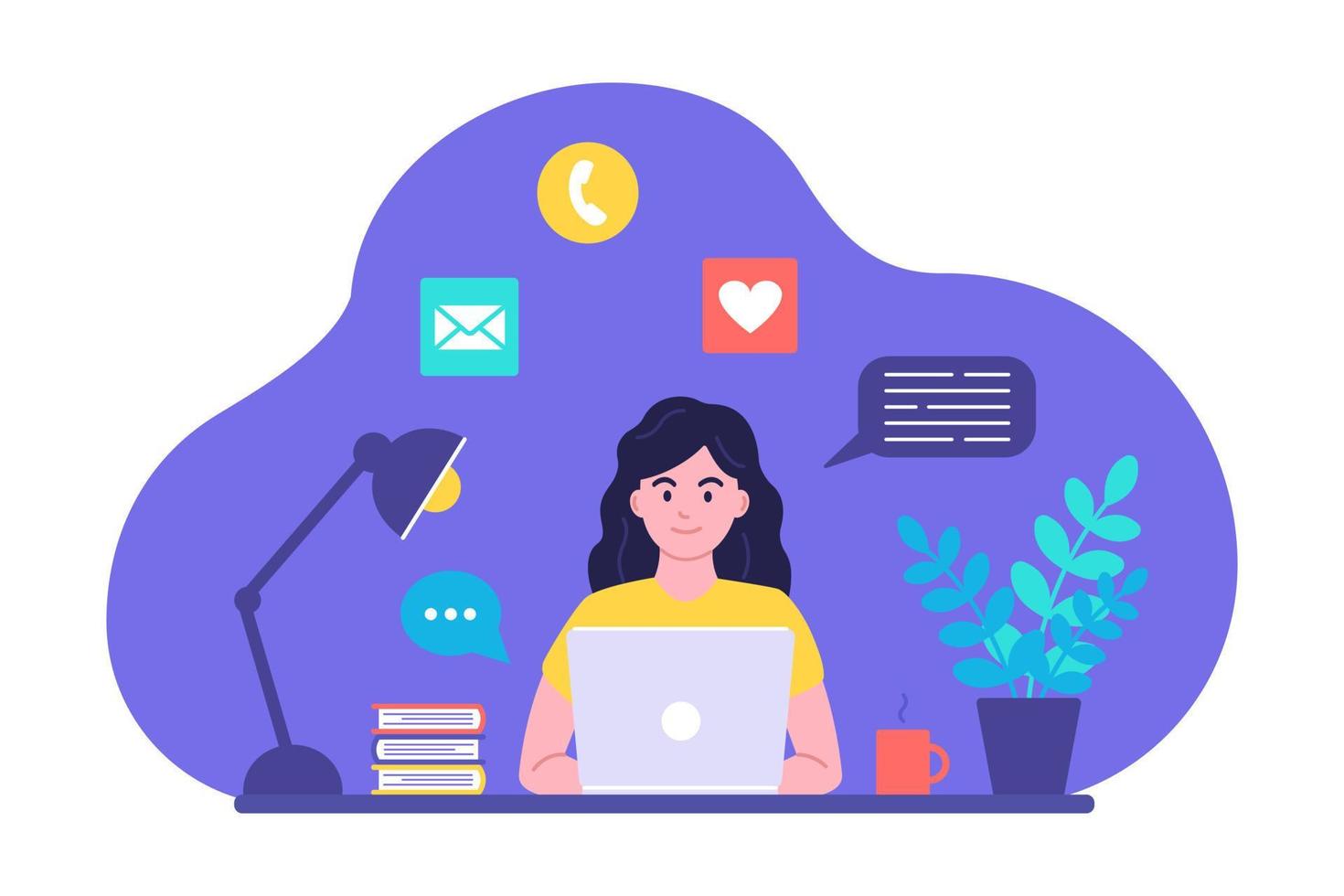 Concept of online learning, communication by video, in chats and by mail. The girl at the desk looks at the laptop screen. Vector image in flat cartoon style