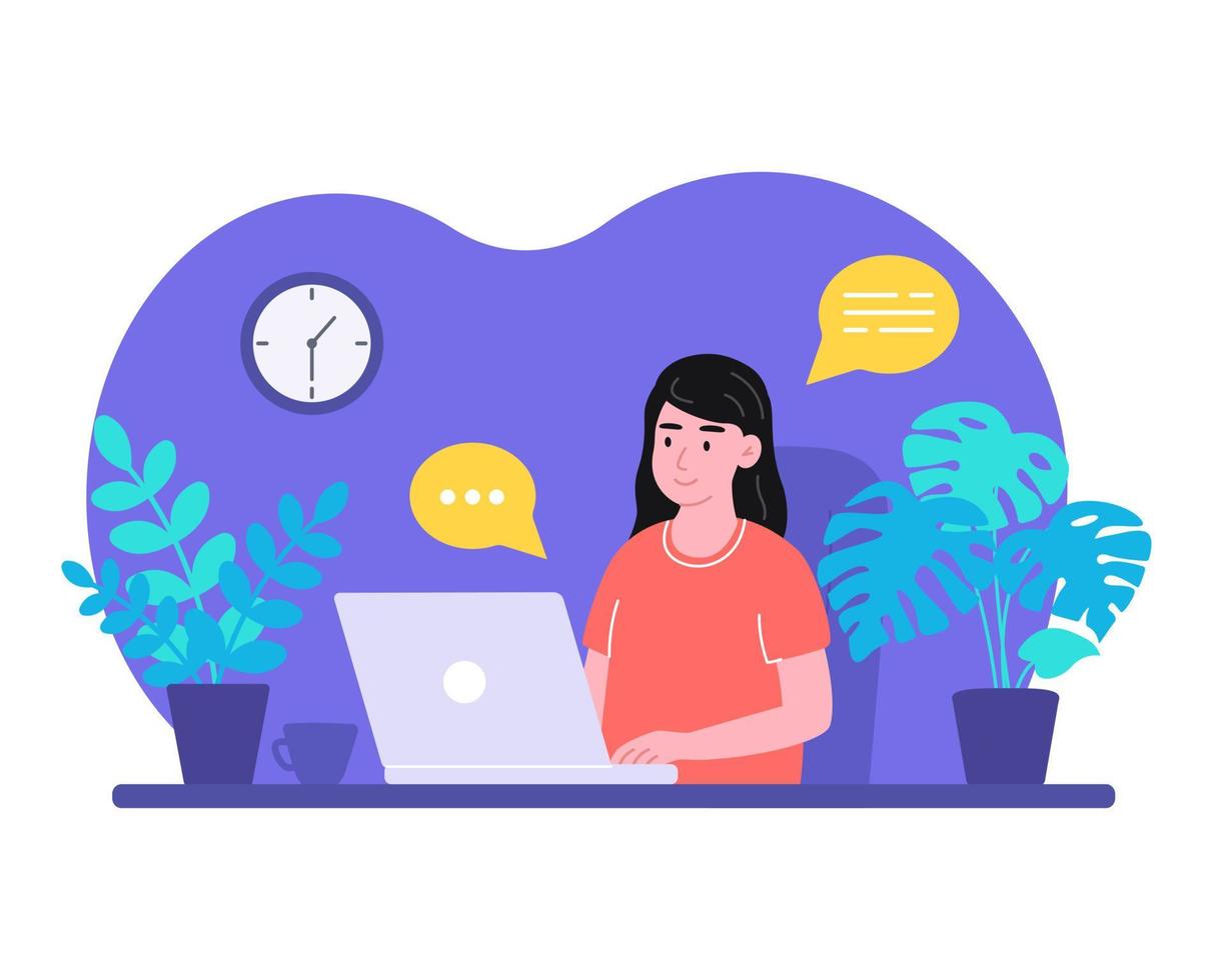 Young woman with laptop at home, studies, communicates and orders goods online, remotely works at computer. Vector illustration in flat style