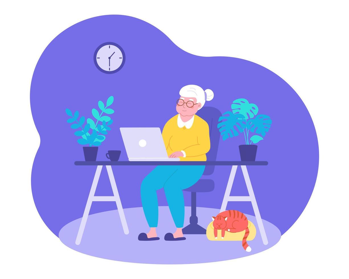 abuela feliz con laptop se comunica con su familia en casa, mira videos, estudia cursos en línea o hace compras. ilustración vectorial en estilo plano vector