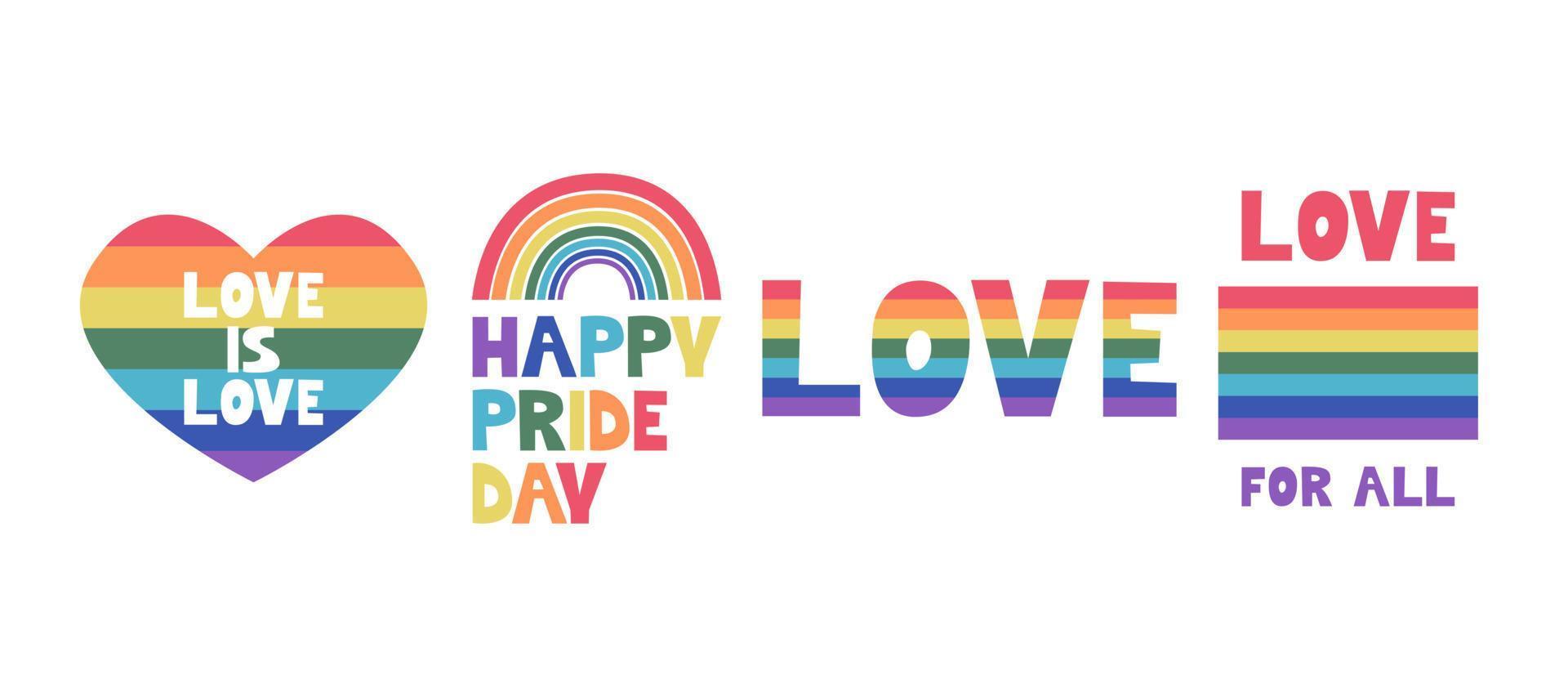 LGBT Pride Month in June. A set with a heart, a flag, a rainbow and inscriptions. Love is love concept. Vector image for posters, postcards