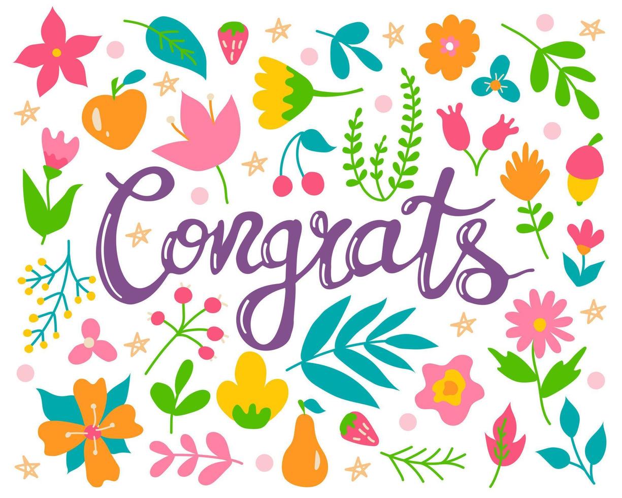 Hand lettering congrats on set of flowers and plants, vector illustration in flat style