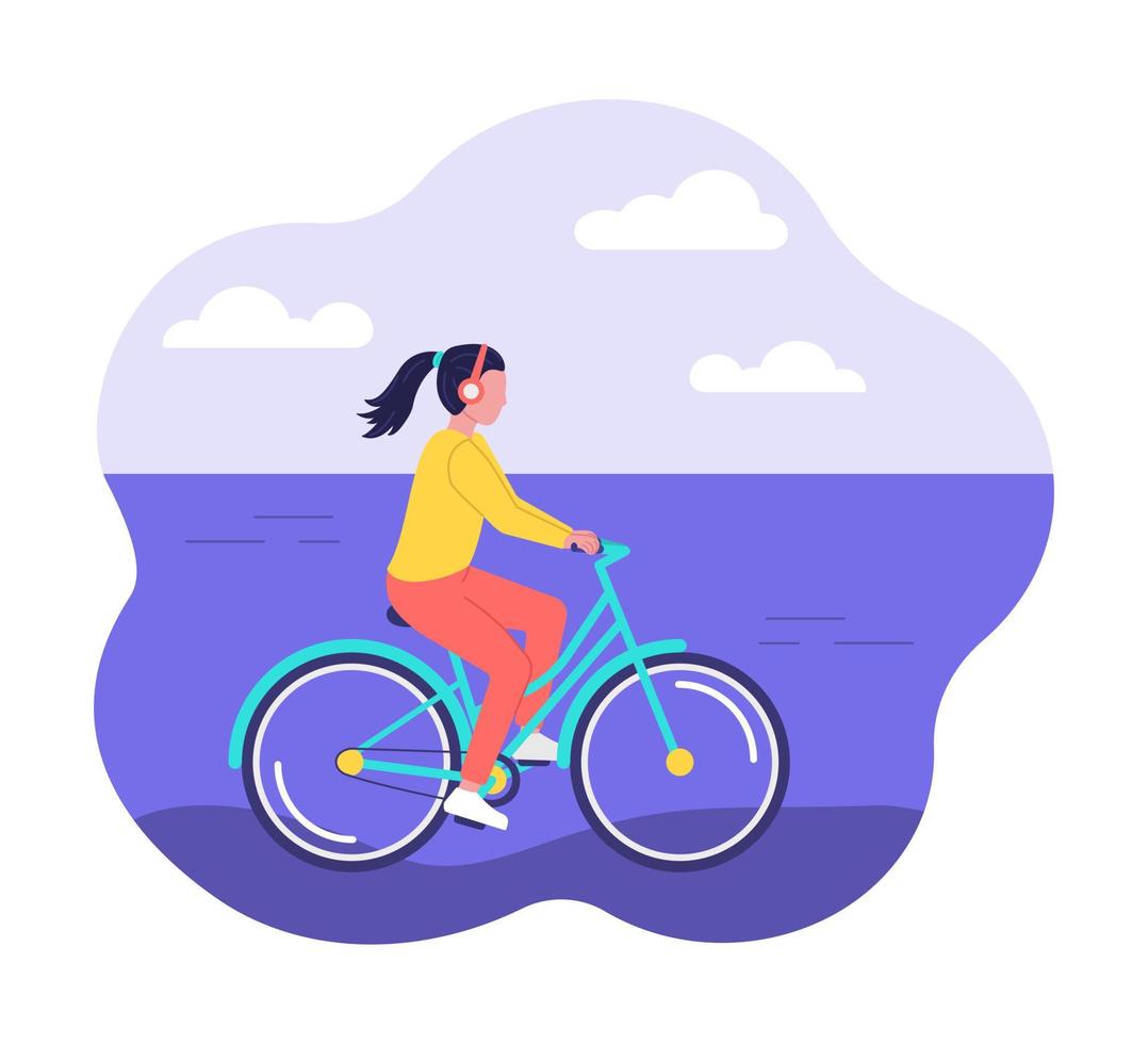 Concept of healthy active lifestyle. Woman in headphones rides bicycle along the beach, the shore. Vector flat illustration