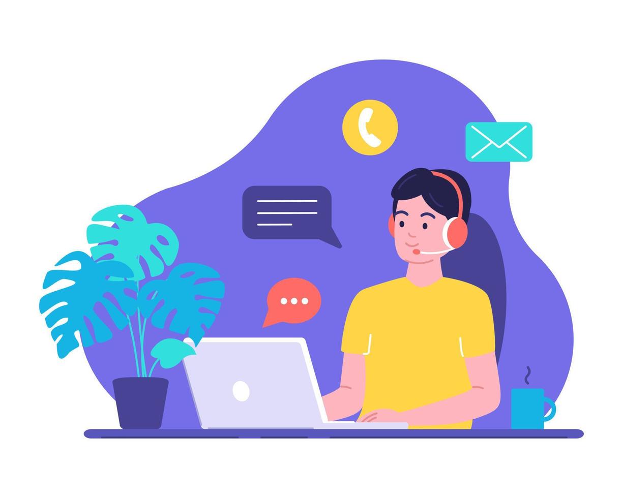 Man works on laptop, communicates with customers through headset and responds to messages. Online consultant, working from home, solving everyday problems with clients.Vector illustration vector