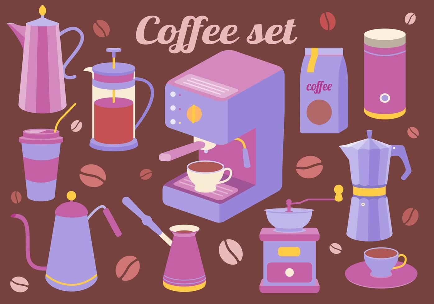 Coffee set of kitchen accessories for making drink. Maker, French press, pot, coffee machine, grinder, grains. Vector illustration
