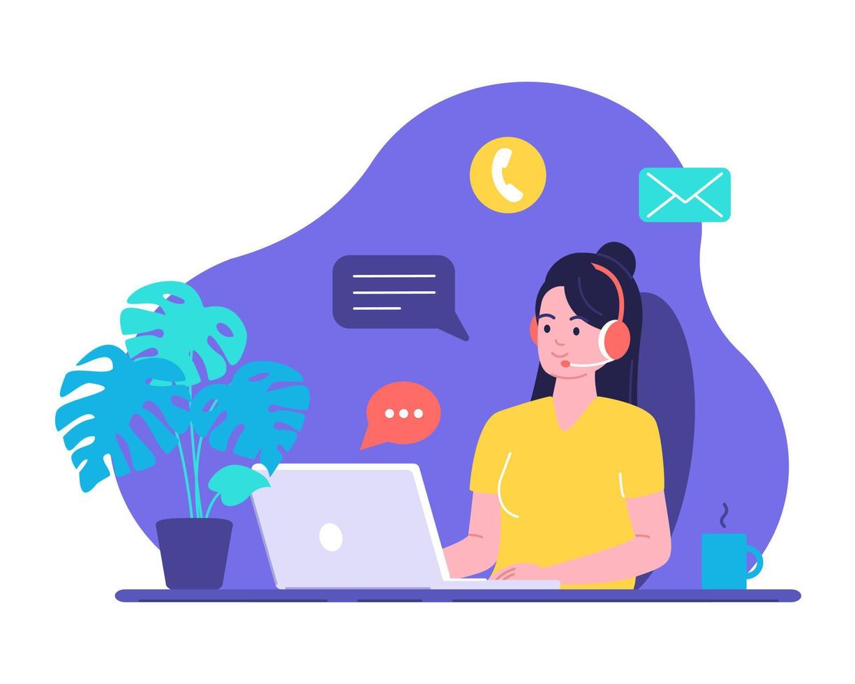 Woman works on laptop, communicates with customers through headset and responds to messages. Online consultant, working from home, solving everyday problems with clients.Vector illustration vector