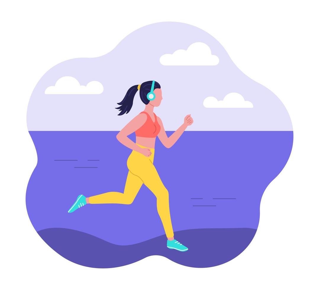 Concept of an active healthy lifestyle. Woman wearing headphones runs along the beach. Vector flat illustration