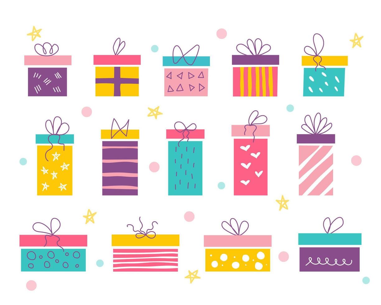 Set of colorful gift boxes of different sizes on white background with bows. Vector illustration in flat doodle style