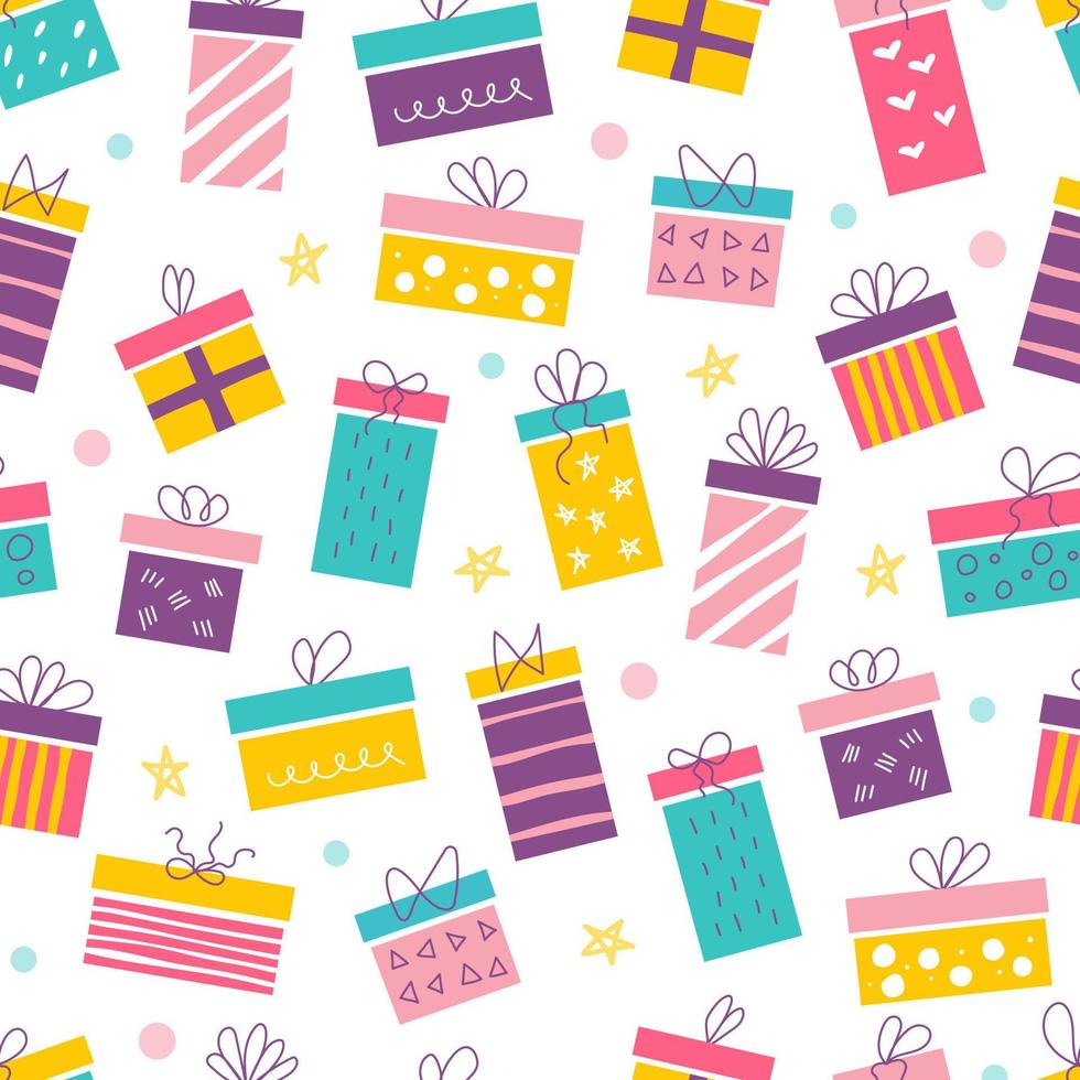 Bright colorful gift boxes on a white background with bows in the style of flat doodles. Vector seamless pattern. Children's room decor, posters, postcards, clothing and interior items