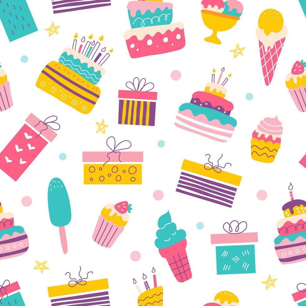 Bright festive seamless pattern in doodle style. Cakes, cupcakes, gifts and ice cream. Design for postcards, birthday wrapping paper vector