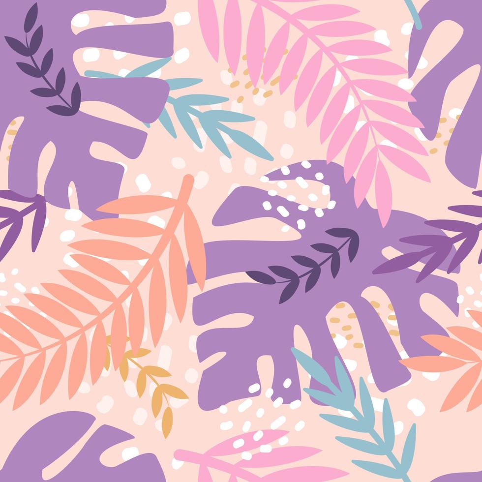 Palm branches, tropical plants, monstera. Vector seamless pattern in flat style