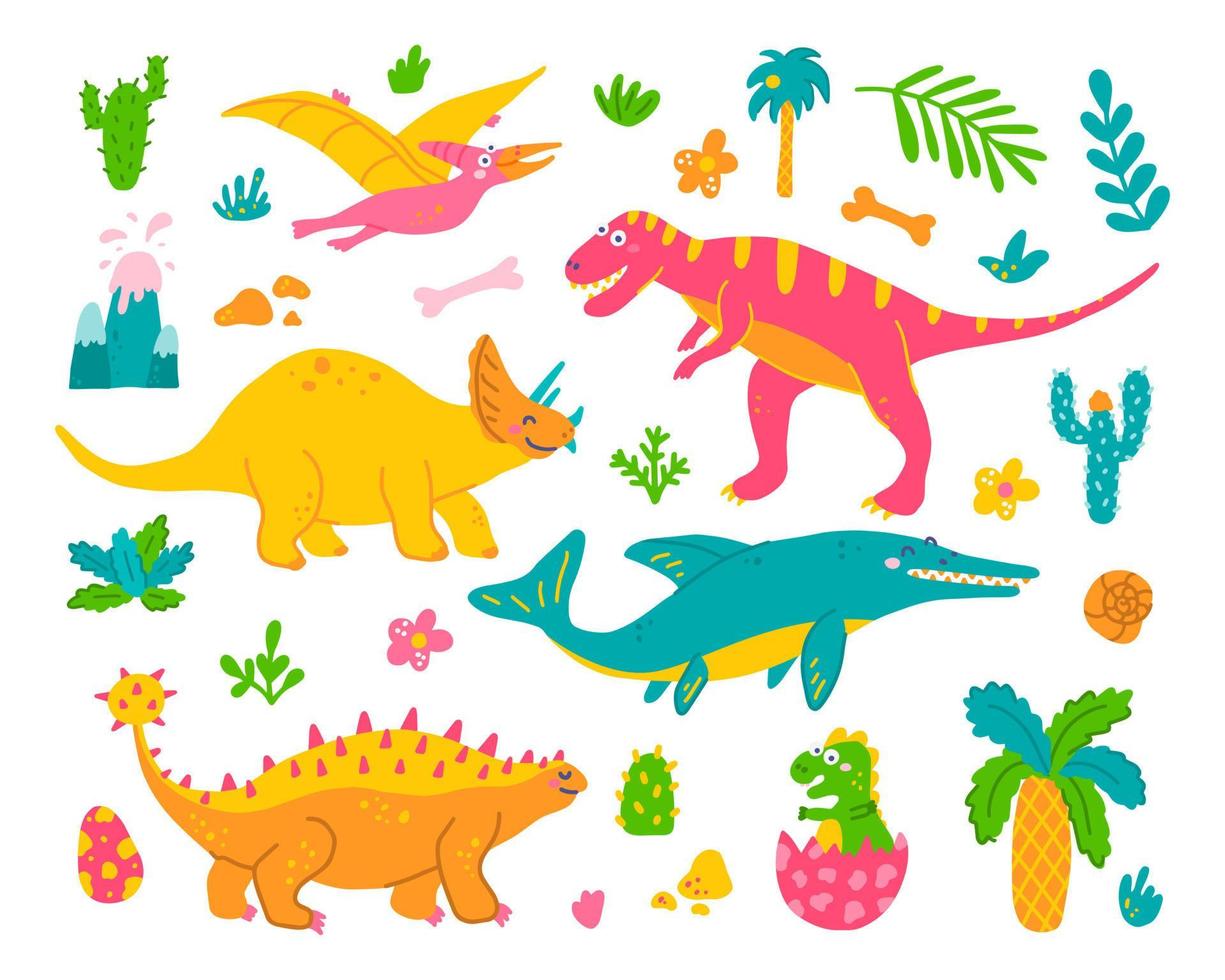 Bright set of dinosaurs and plants on white background in hand drawn style, vector childrens flat illustration