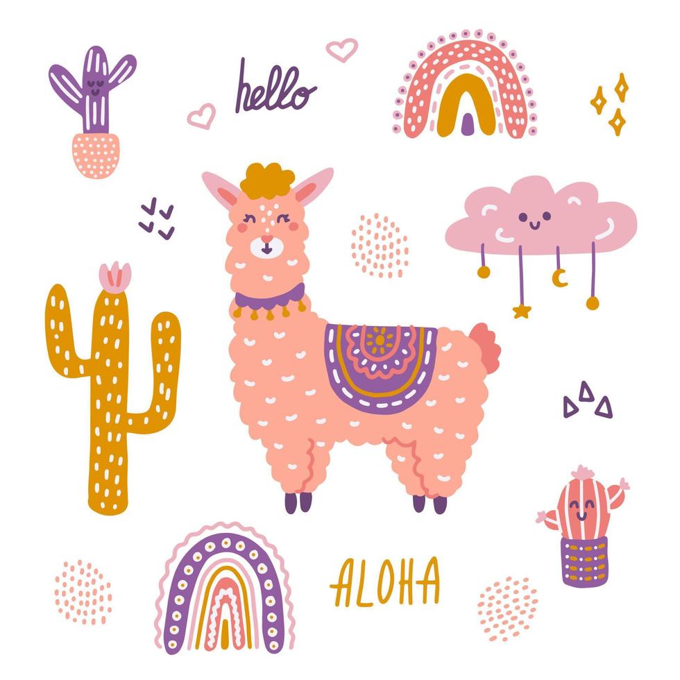 conjunto vectorial con linda llama, cactus y otros elementos decorativos en estilo dibujado a mano. perfecto para postales, carteles, pegatinas e invitaciones vector