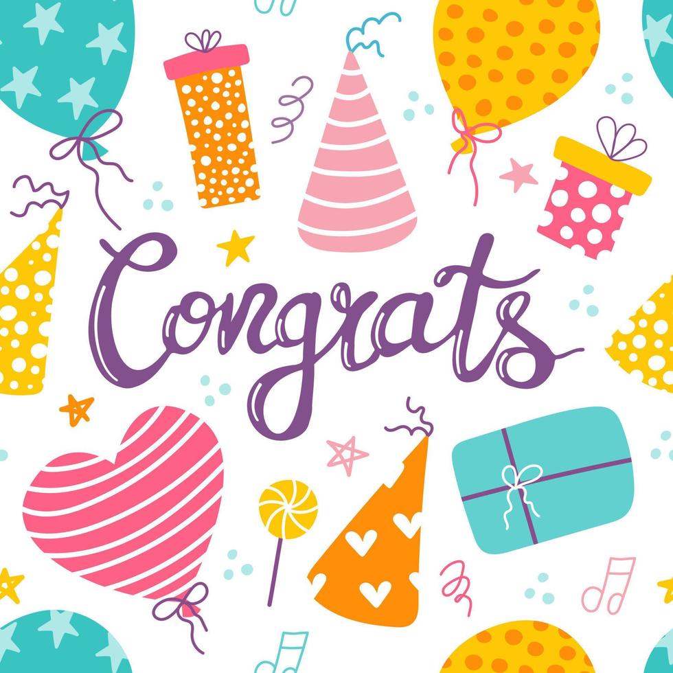 Congrats lettering with balloons, confetti and gifts, vector seamless pattern is perfect for birthday card