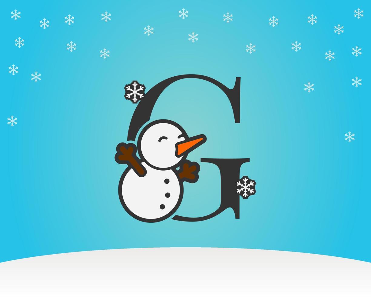fun and cute letter G snow man decoration with snow flakes winter background vector