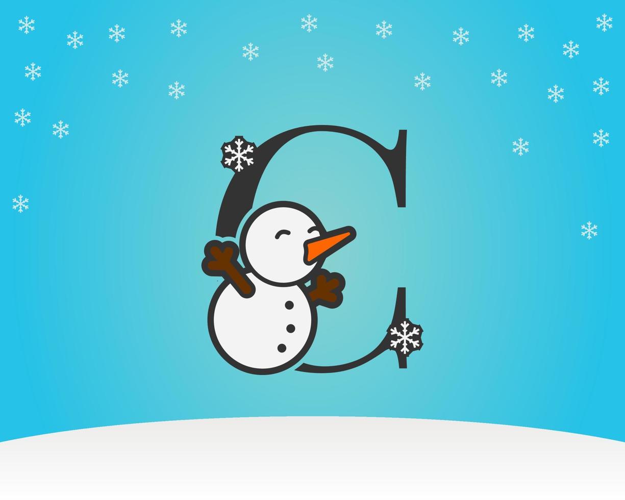 fun and cute letter C snow man decoration with snow flakes winter background vector
