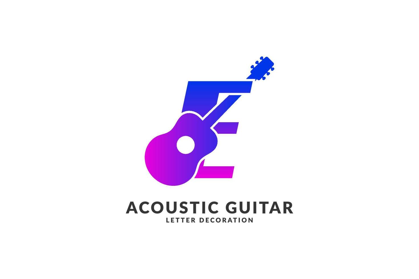 vector de color de moda de decoración de guitarra acústica de letra e aislada para logotipo de identidad de músico y elemento de título de festival o concierto