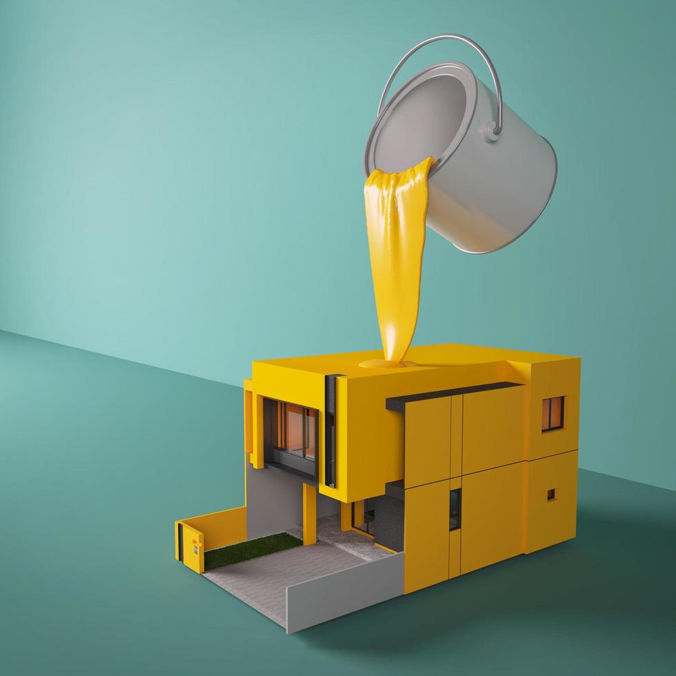 Paint pouring from silver metal can.Concept for colour used in painting building.3d rendering photo