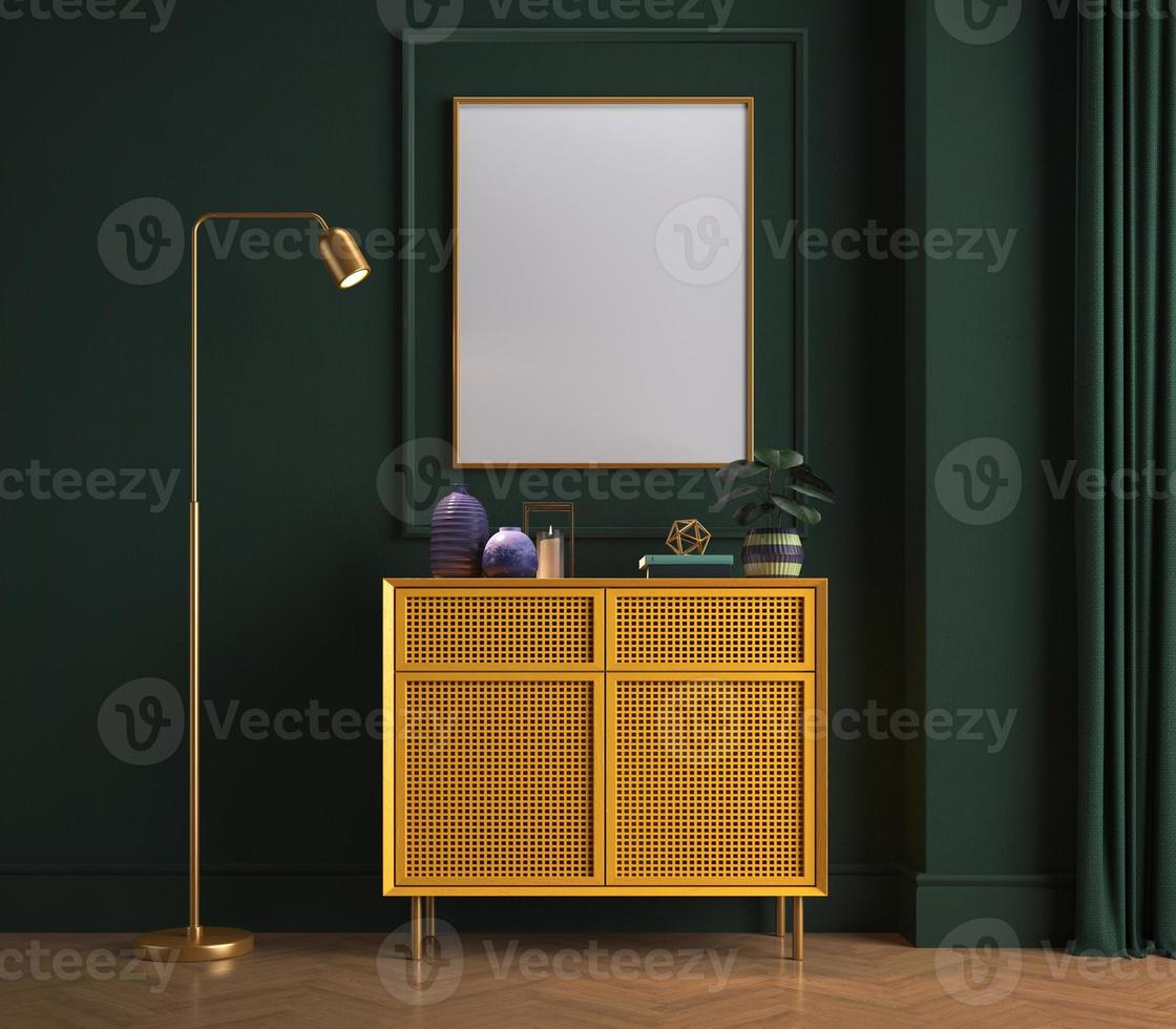 Picture frame mockup in green dark room with yellow drawer and floor lamp.3d rendering photo
