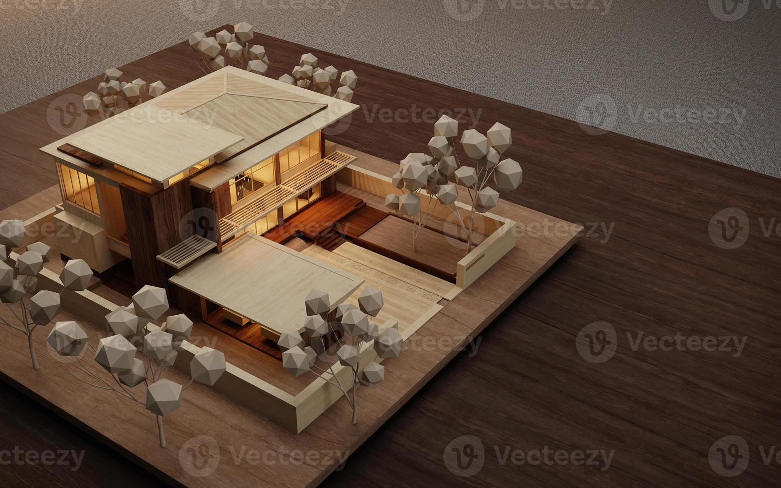 Architectural model on wood table.3d rendering photo