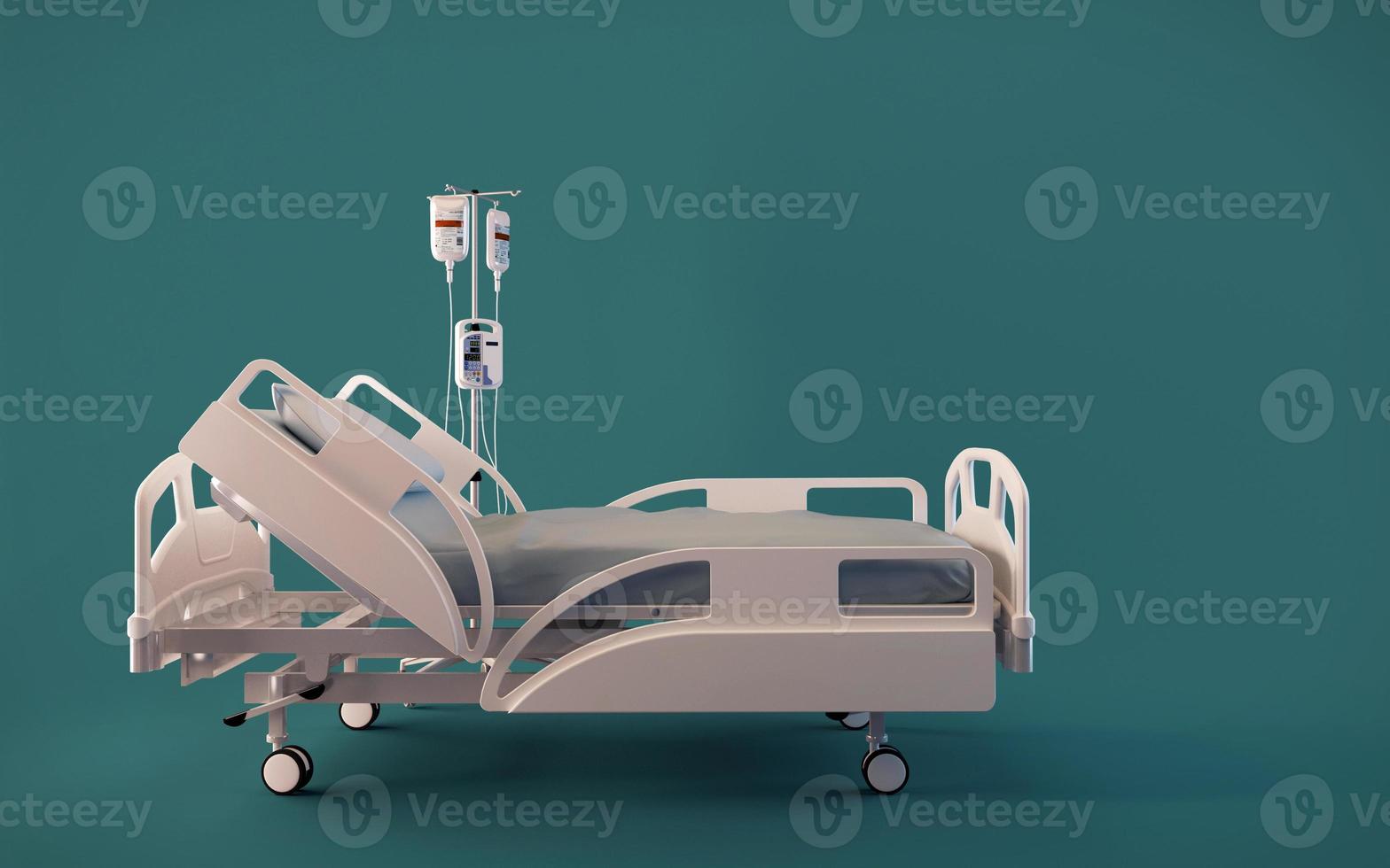 Side view of hospital bed isolated on blue background.Concept for insurance.3d rendering photo