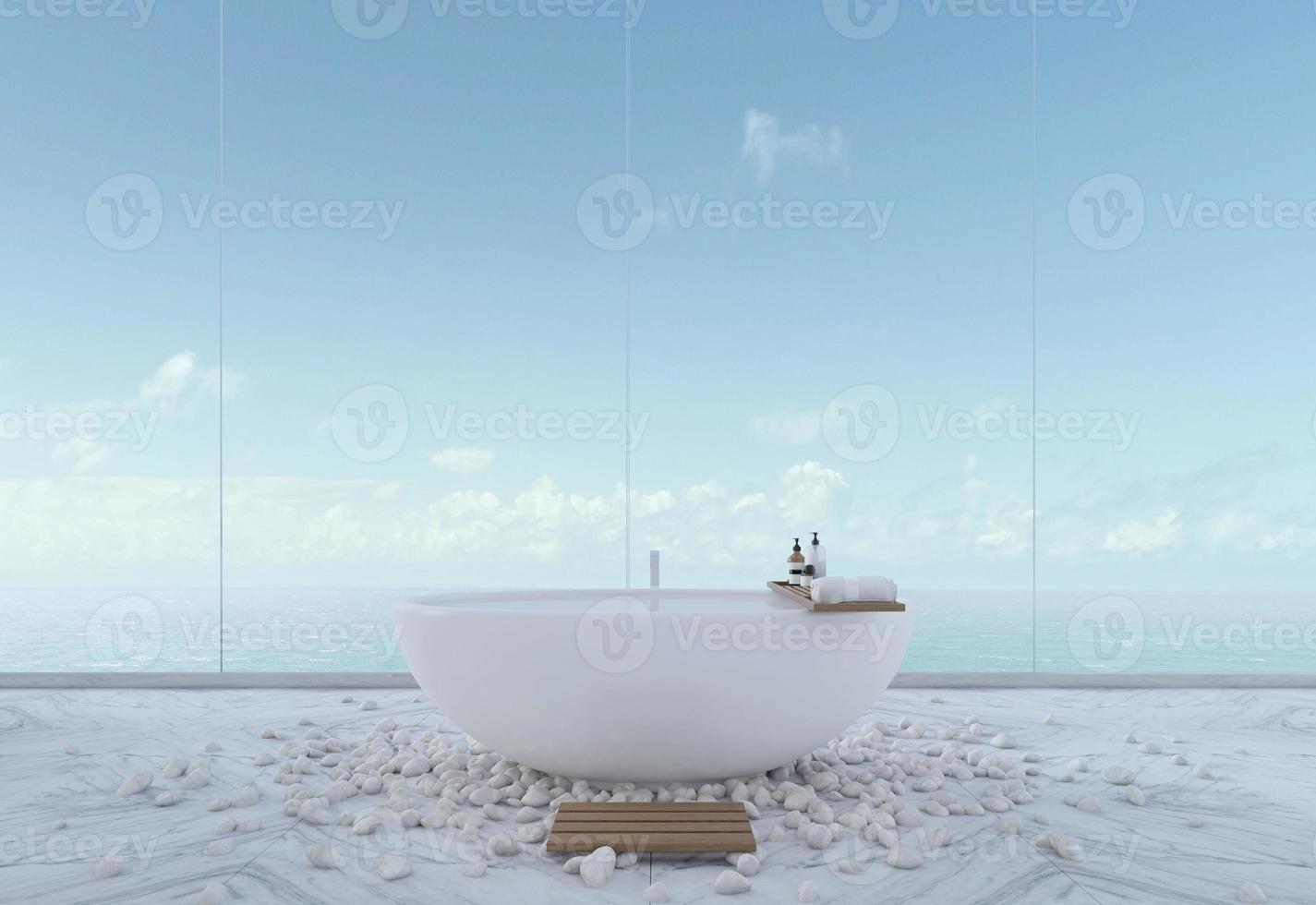 Luxury bathroom with sea view in hotel or home.Bathtub on marble floor with river rock. 3d rendering photo