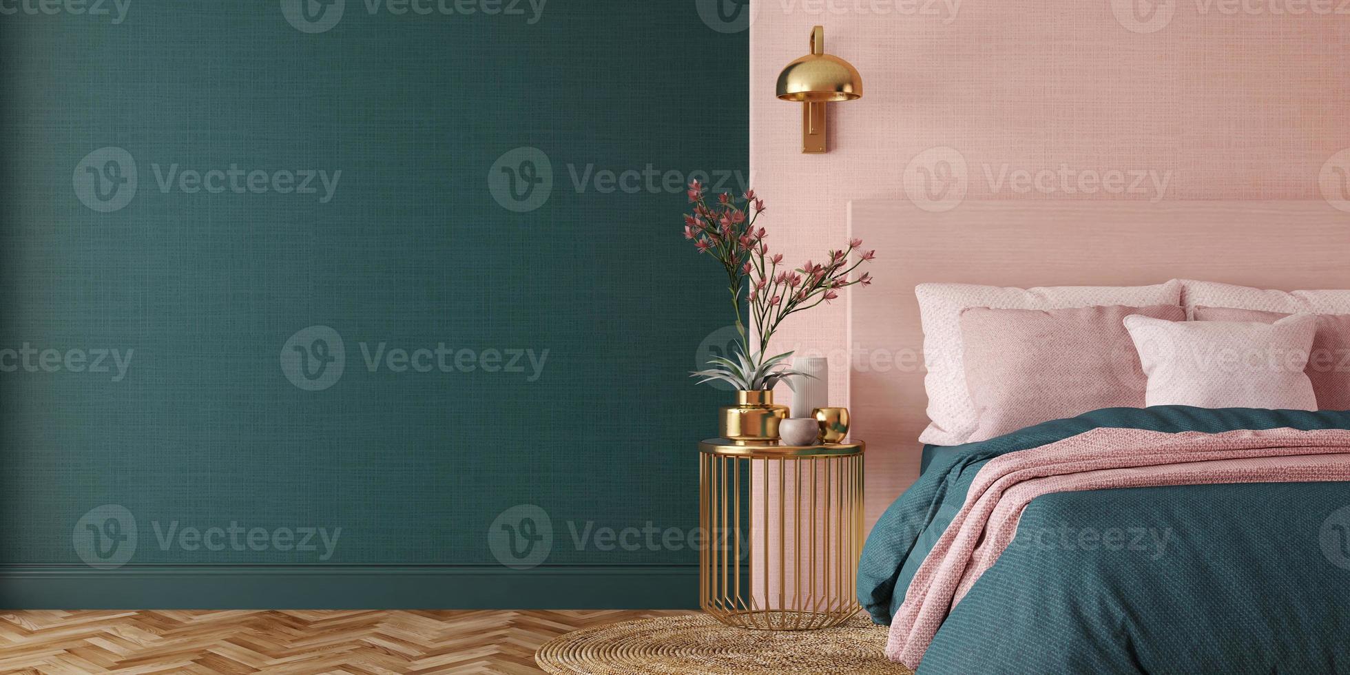 dormitorio interior.estilo art deco.diseño con color verde rosa y dorado.representación 3d foto