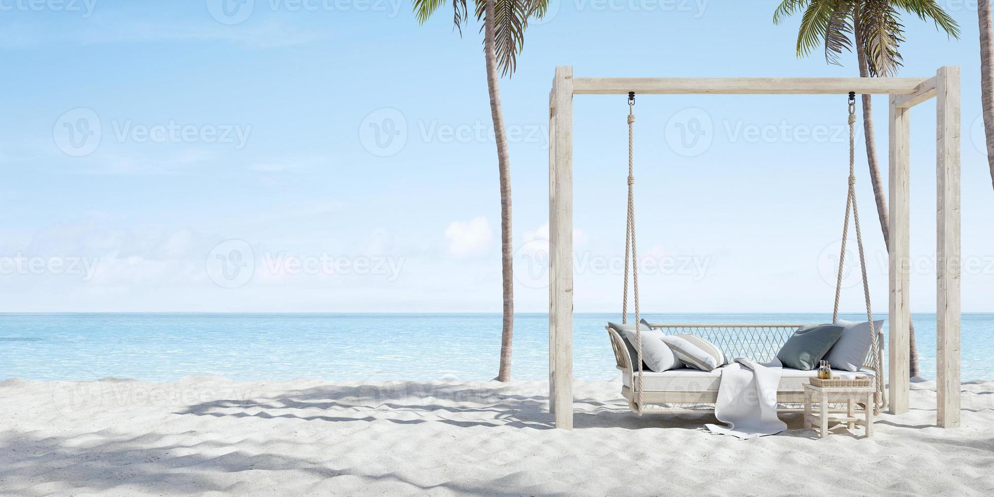 Hanging sofa on sand beach with palm.Concept for vacation and relaxation.3d rendering photo