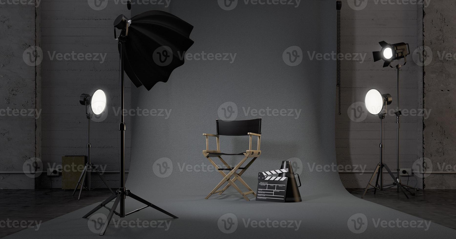 Director chair,Movie clapper in studio.Concept for film industry.3d rendering photo