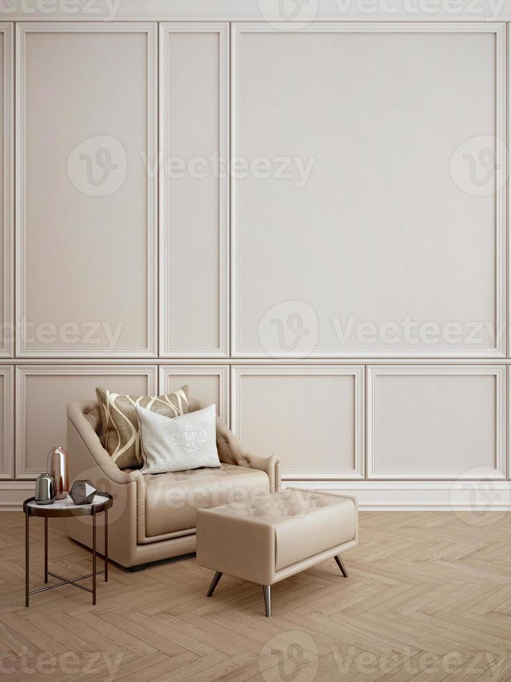 Modern classic interior.Armchair with stool and pillows,side table,vase.White wall and wooden floor. 3d rendering photo